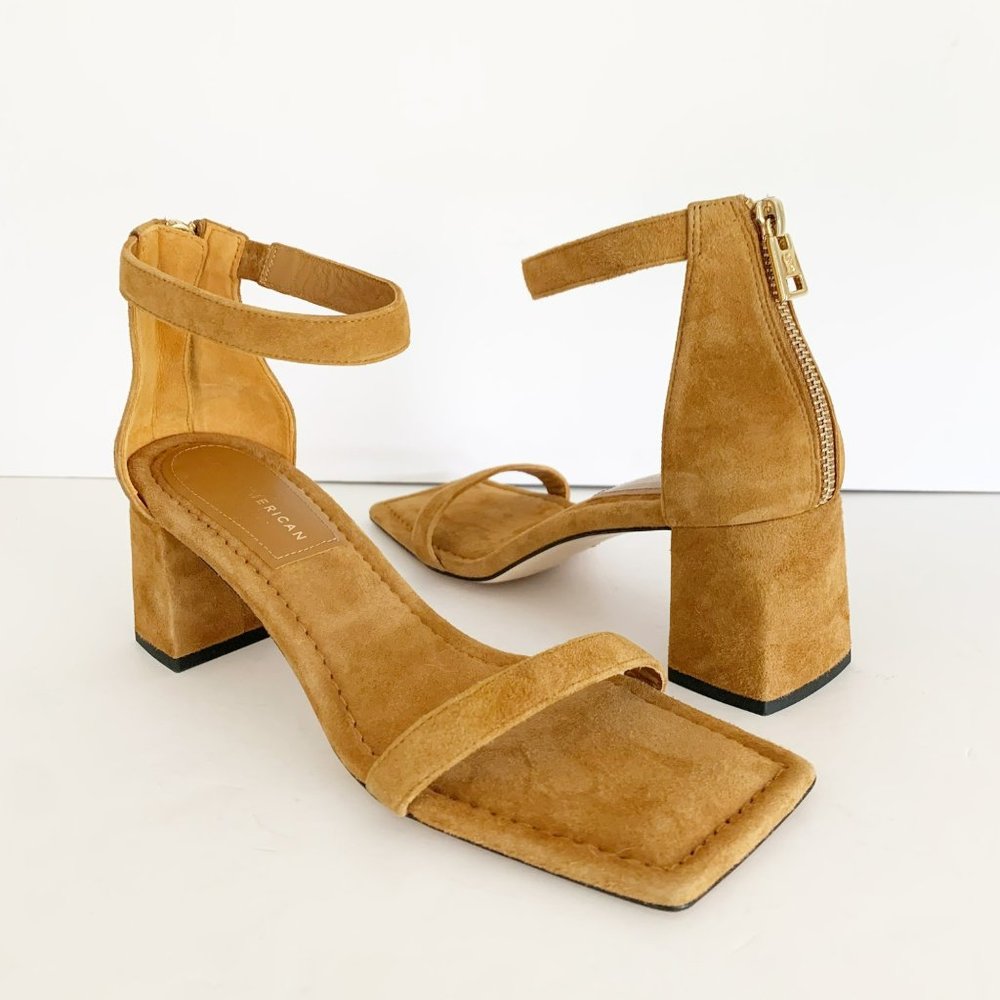 Good American Amber Tan Suede Square Toe Strappy Zippered Block Heel Sandal 9